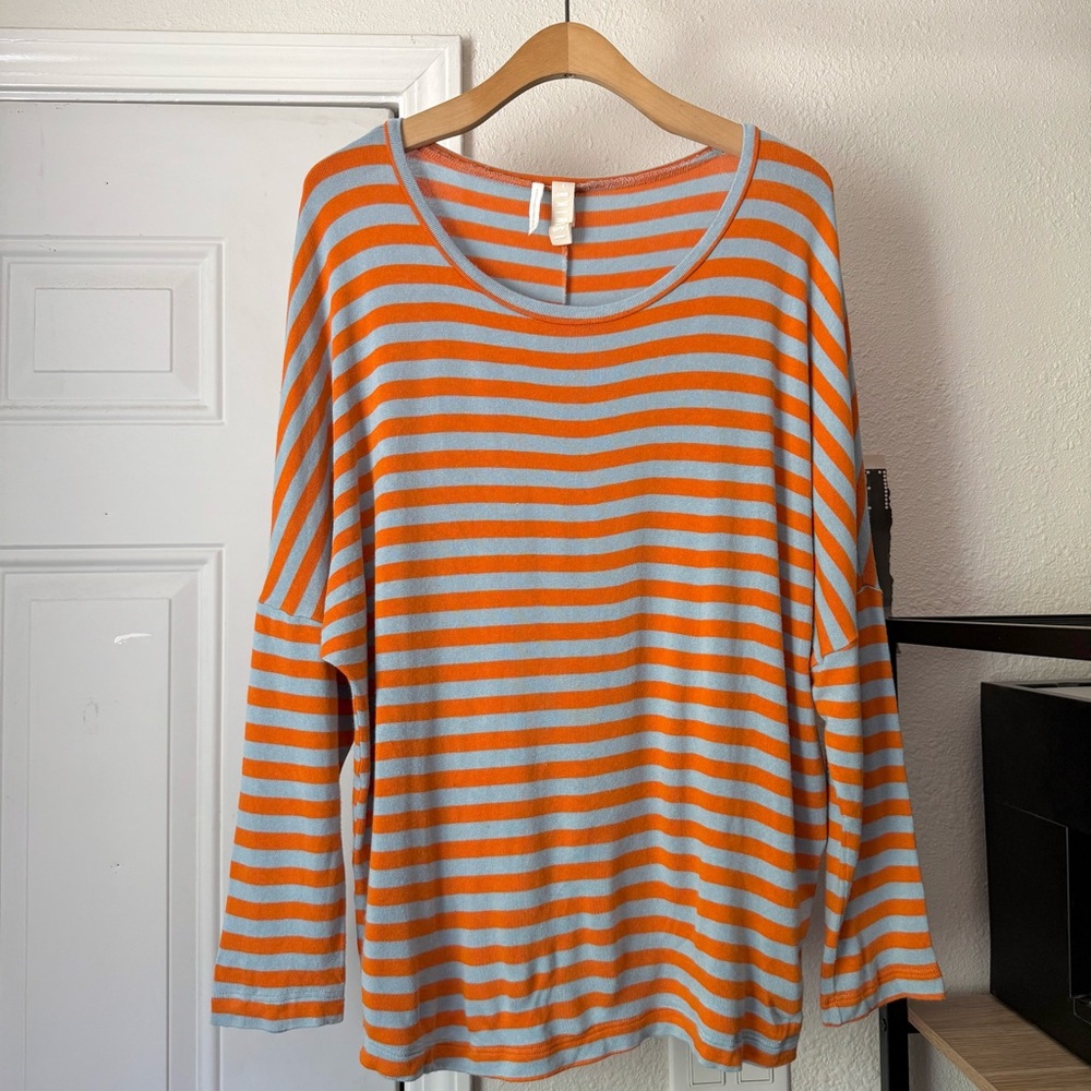 ISCHIKO orange blue striped scoop neck long sleeve boxy oversized tee